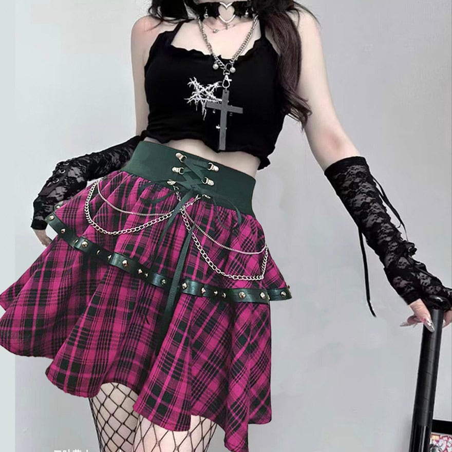 サブカル 服 地雷系 通販 甘辛MIX ミニスカート レースアップ 編み上げ チェック柄