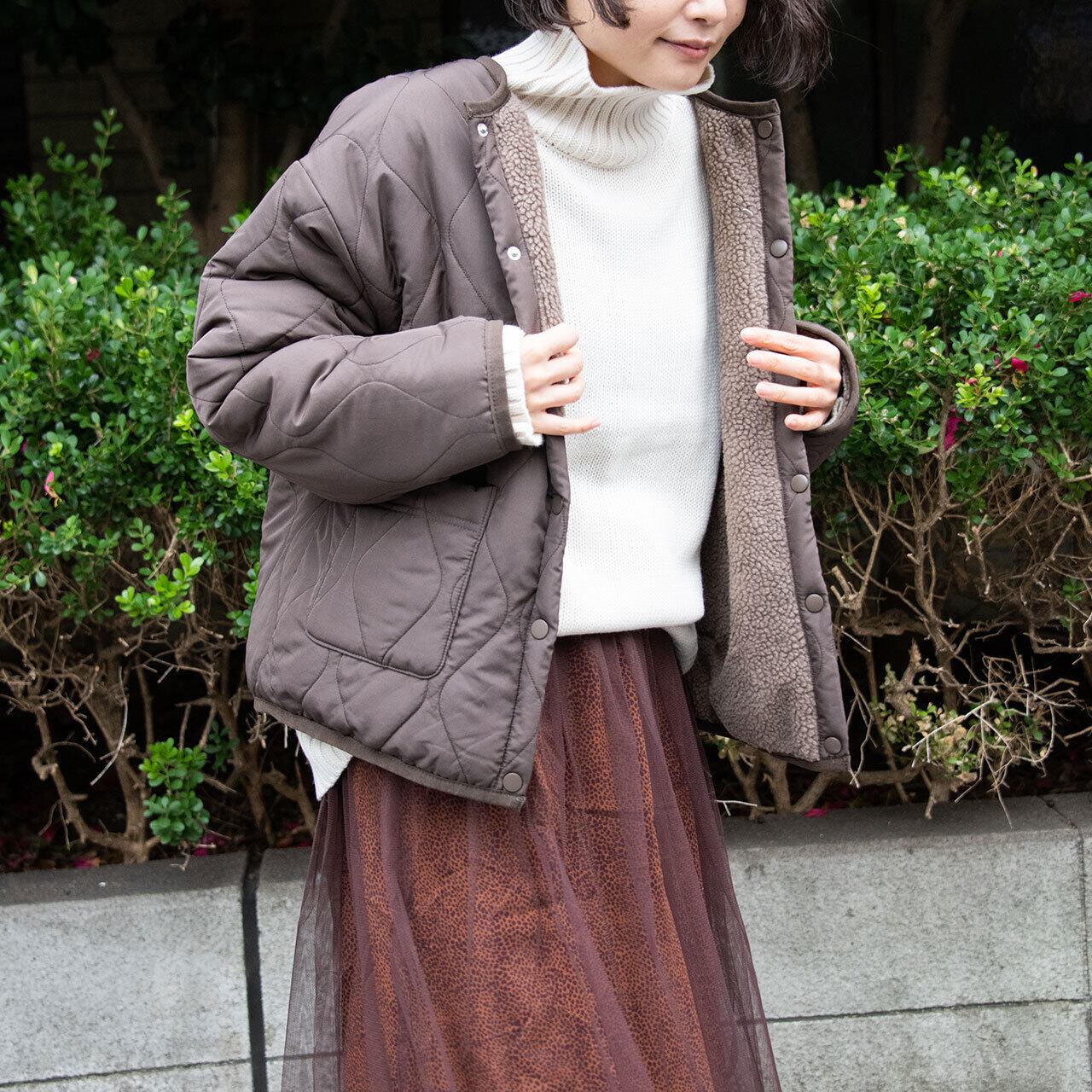 リバーシブルボア×キルティングブルゾン