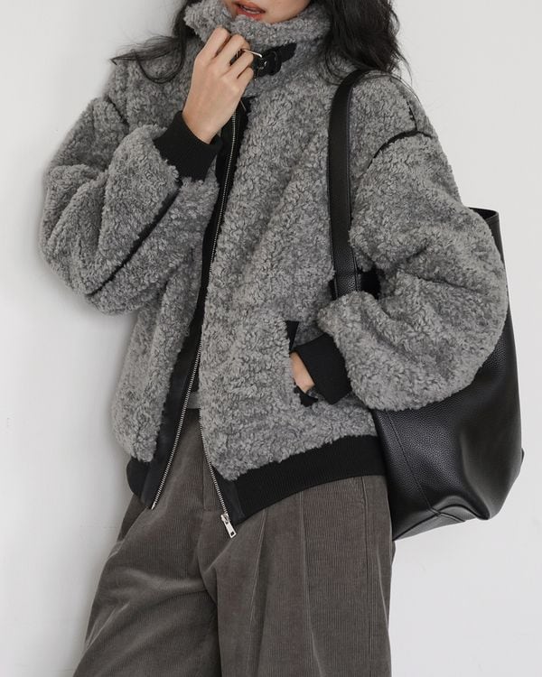 Stand collar contrast fur jacket TH3623