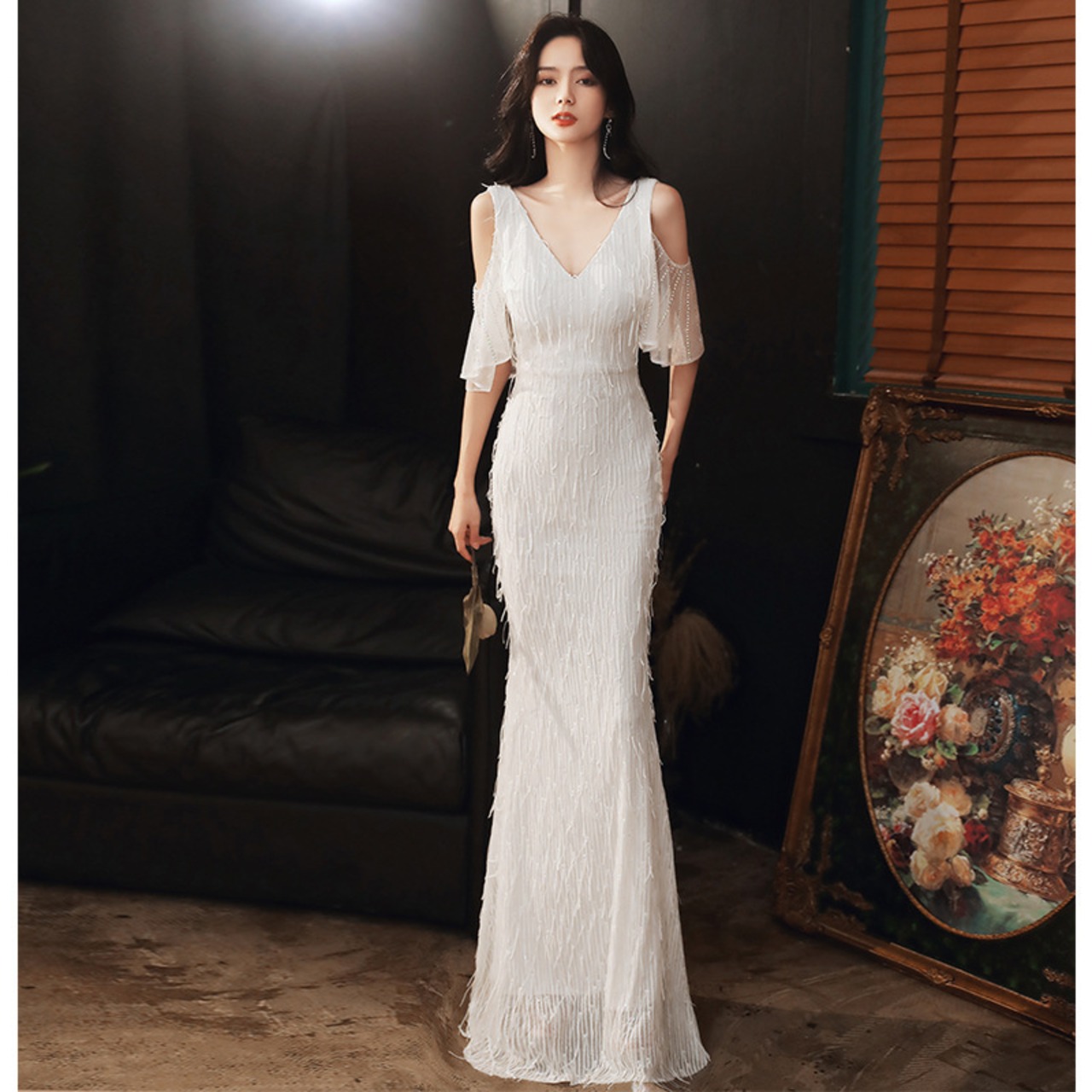 フランス風 Vネックドレス パーティードレス オフホワイト マーメイド  