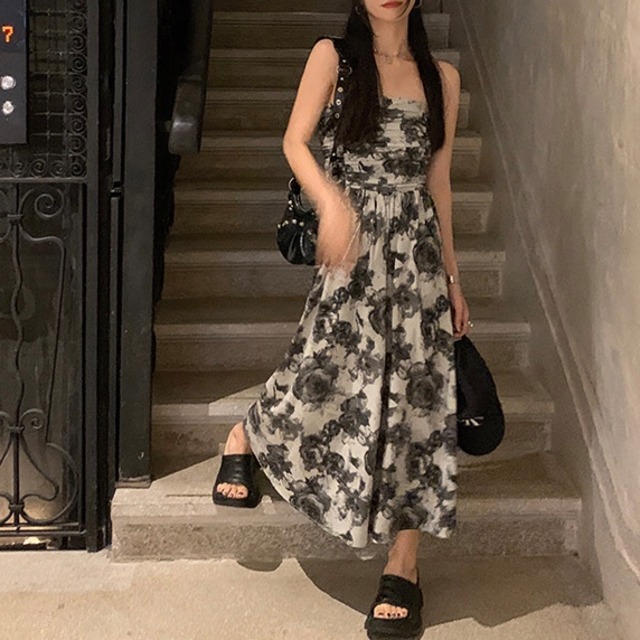 tube top rose print dress　10295