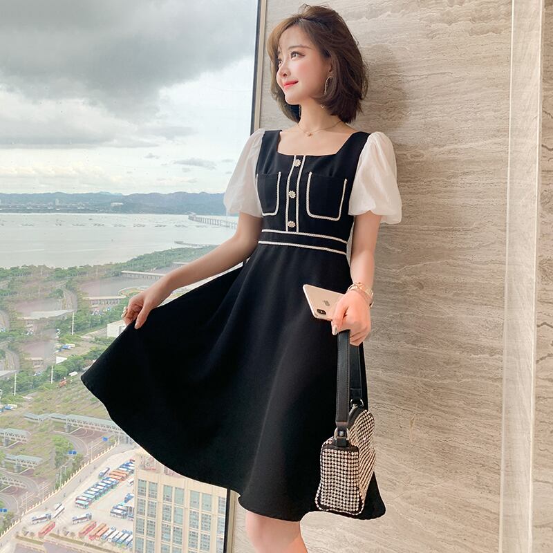 スタンダードカラースリーブウェストドレス サマー レトロ 夏物 スクウェア ステッチ MIUCO95866977650