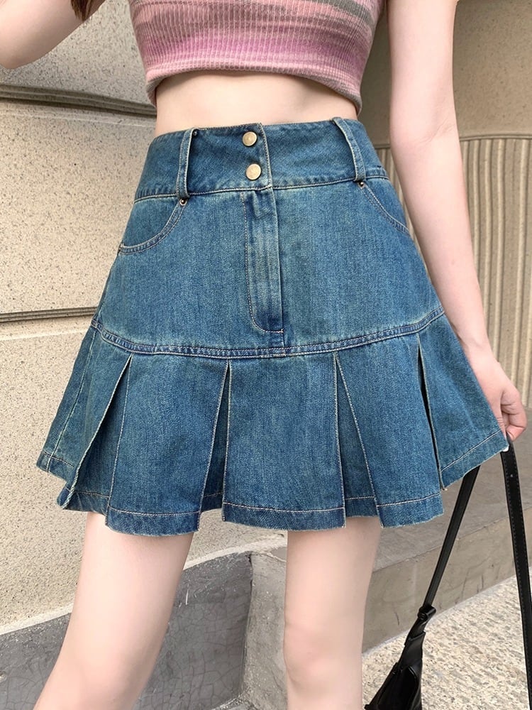 【新作】【送料無料】 ハイウエスト黒プリーツスカートデニムスカート女性の夏 2023 新しい大きいサイズ脂肪ミリメートルホットガール痩身 a ラインスカート 0376034032661