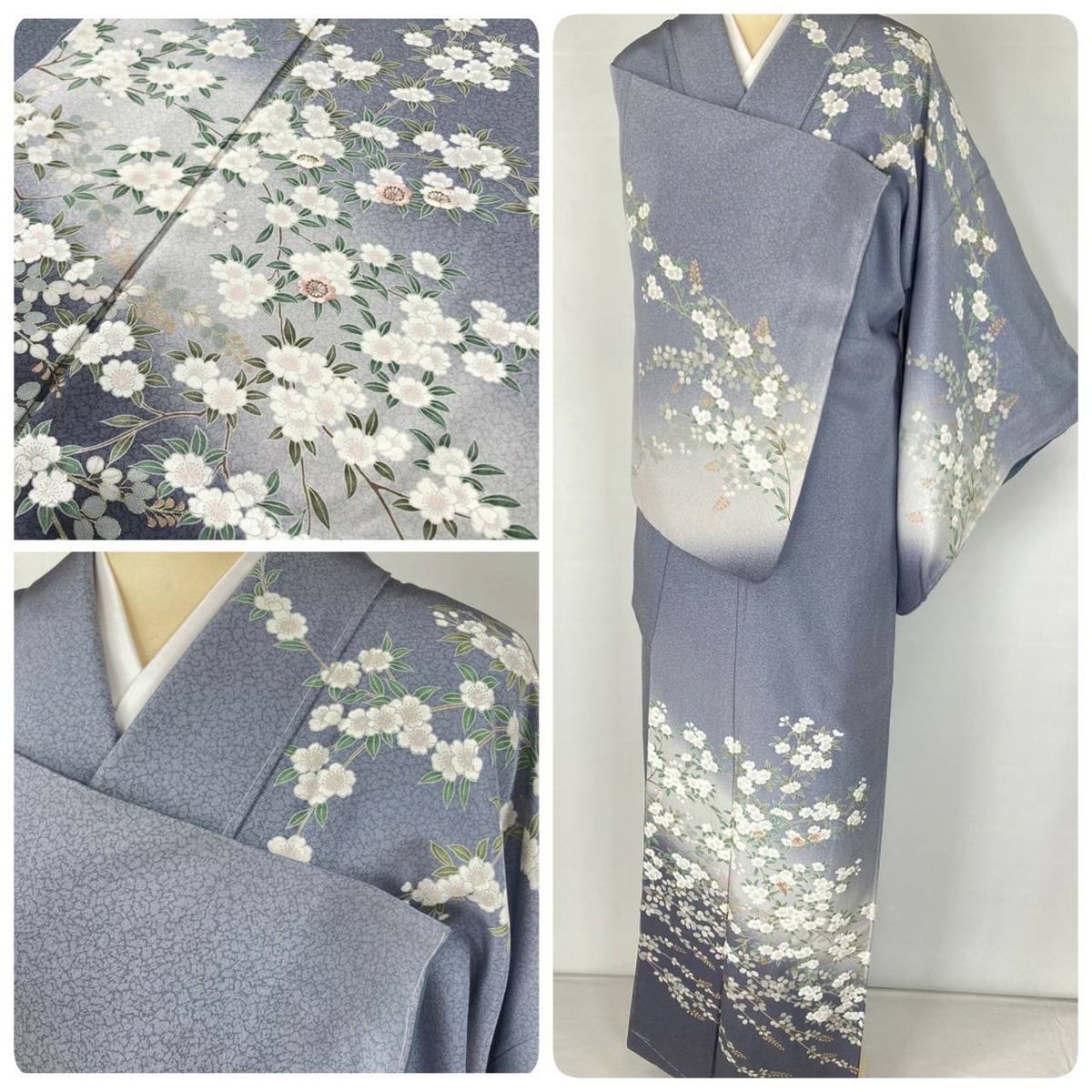 未使用 京友禅 刺繍 桜 金彩 訪問着 正絹 青 ブルー グレー 白 1131  