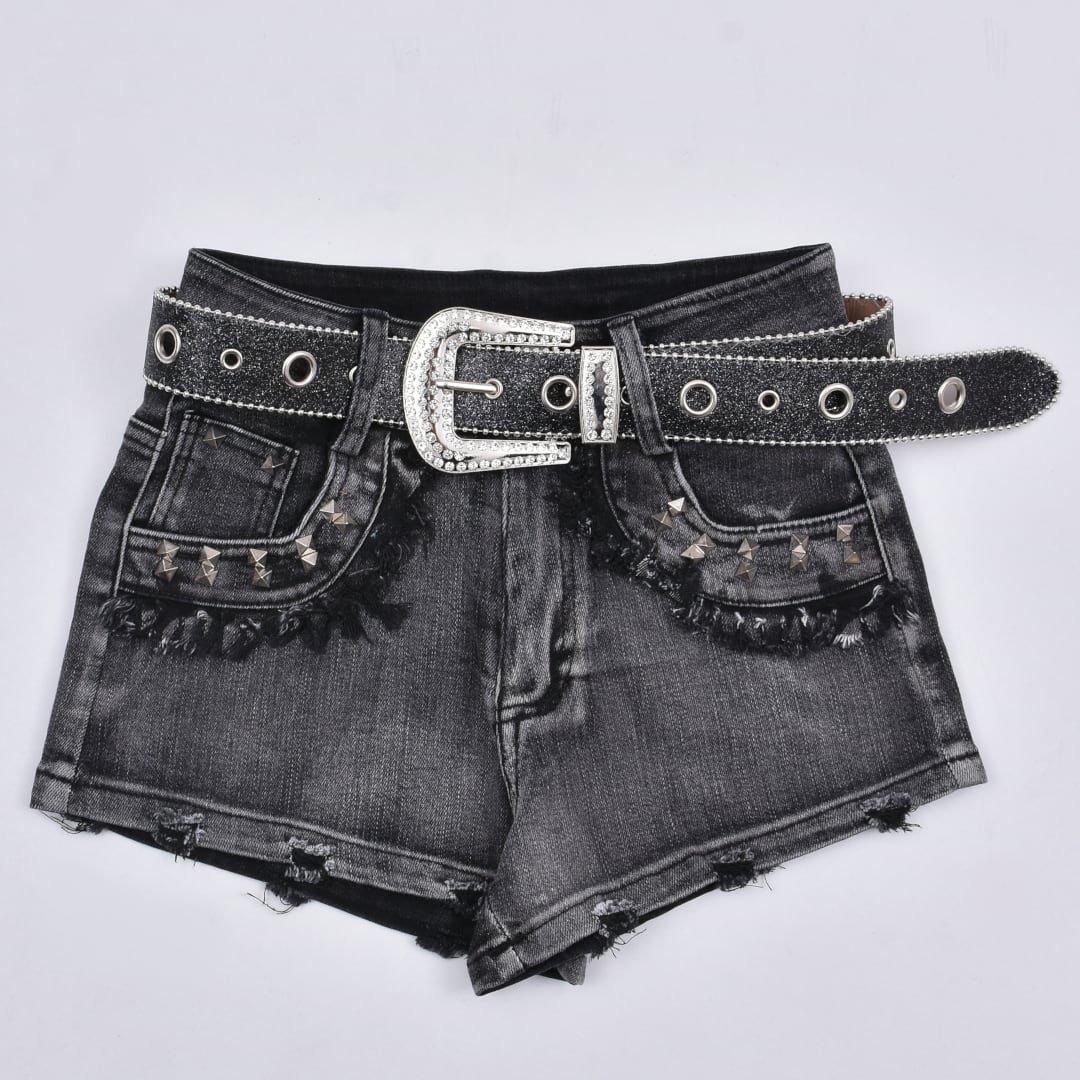 12/2新着】2点セット☆ベルト付きスタッズデニムショートパンツ
