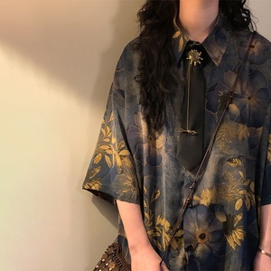 NAGA古着雰囲気フラワープリントネクタイ付き半袖シャツ