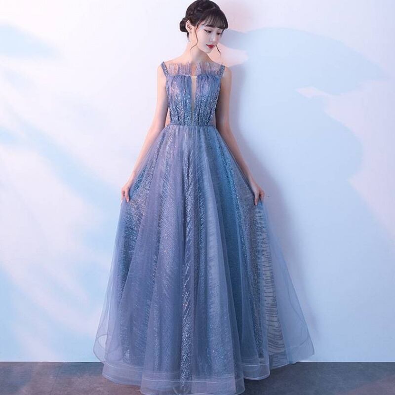 JOVANI☆華やかシークイン使いのエレガントロングドレス 上品!パーティードレス ブルーグレー オフショル プリンセス