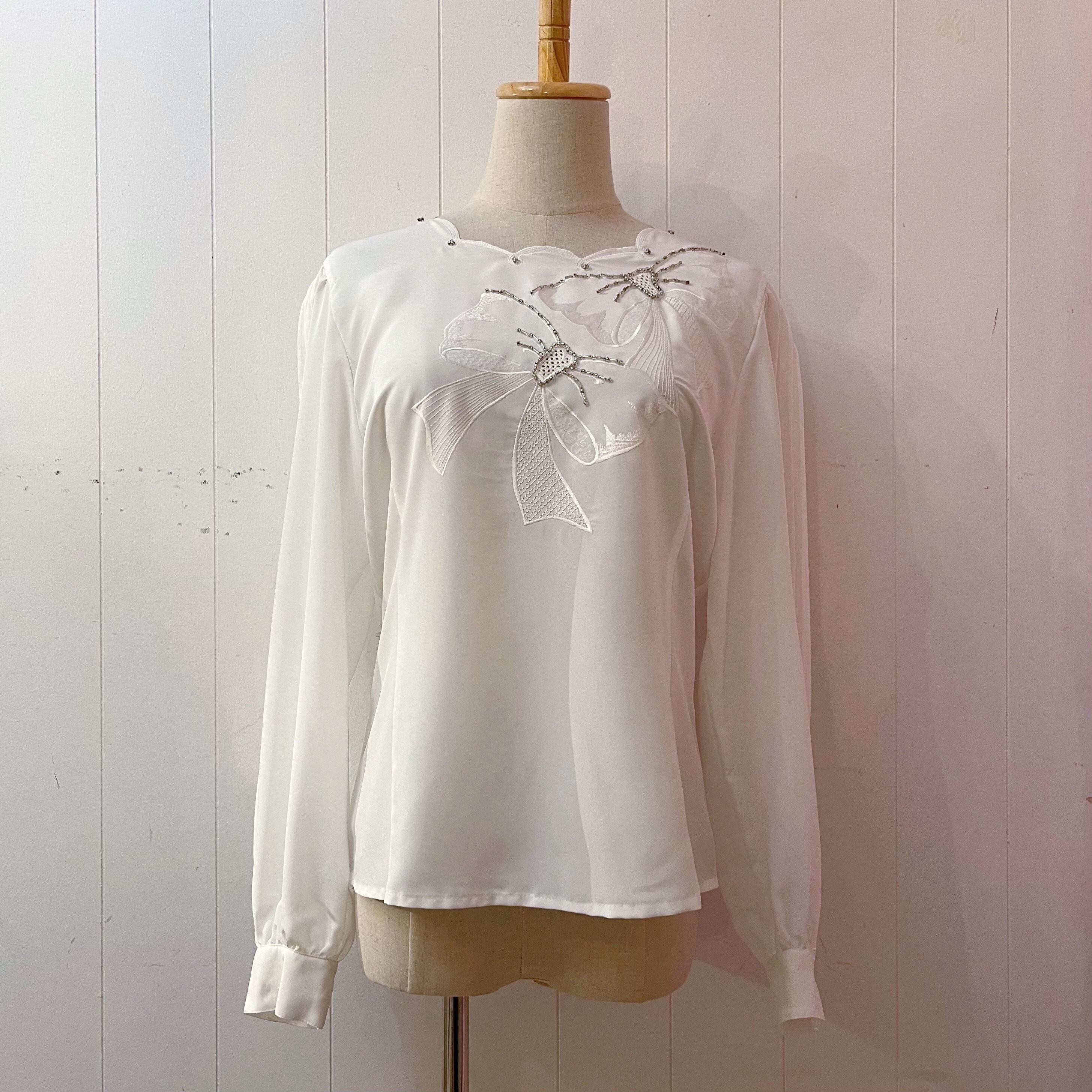 silver beads ribbon white blouse