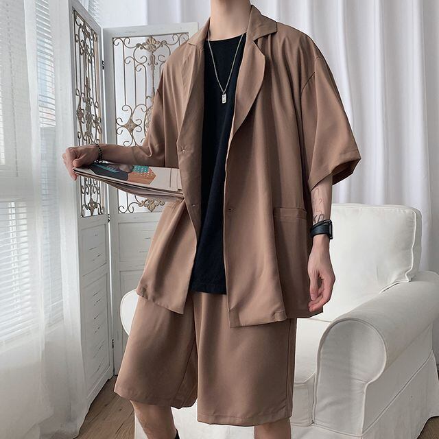 【予約販売】メンズ セットアップ 上下 ハーフパンツ 半袖シャツ ブラック ブルー ベージュ カジュアル 春夏 M/L/XL/2XL