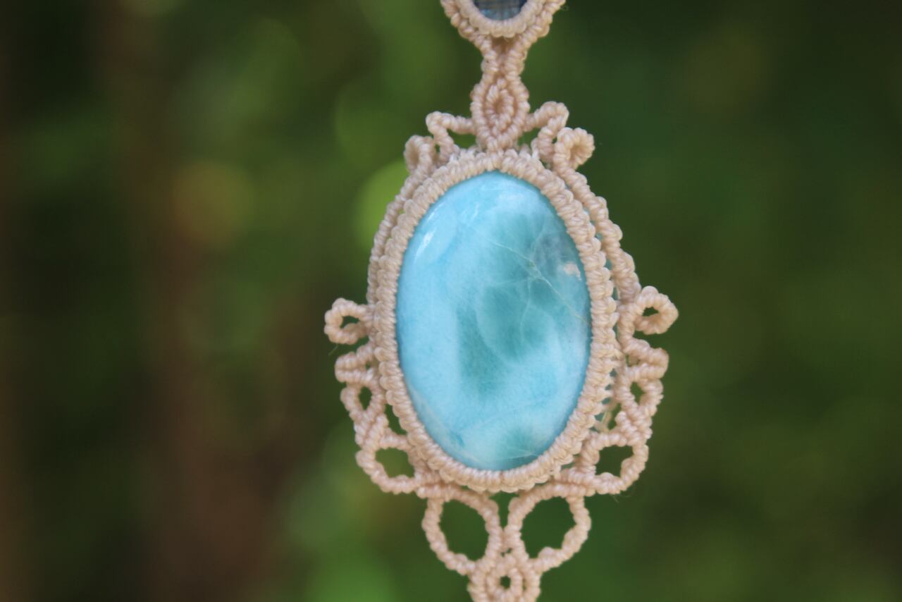 Larimar & Kyanite micro macrame pendant