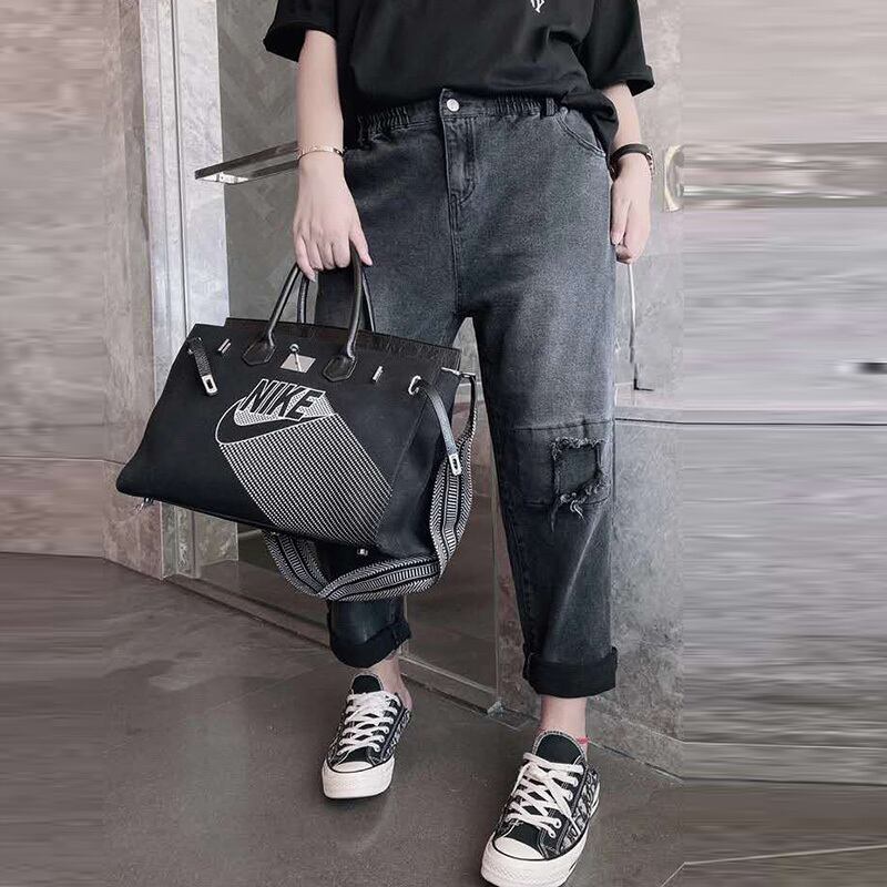 プラスサイズのズボン女性の太った姉妹mmハイウエストルーズルーズシンエラスティックウエストリッピングジーンズ洋ナシ型フィギュアパンツ着用 ミックスインファッション43949133199