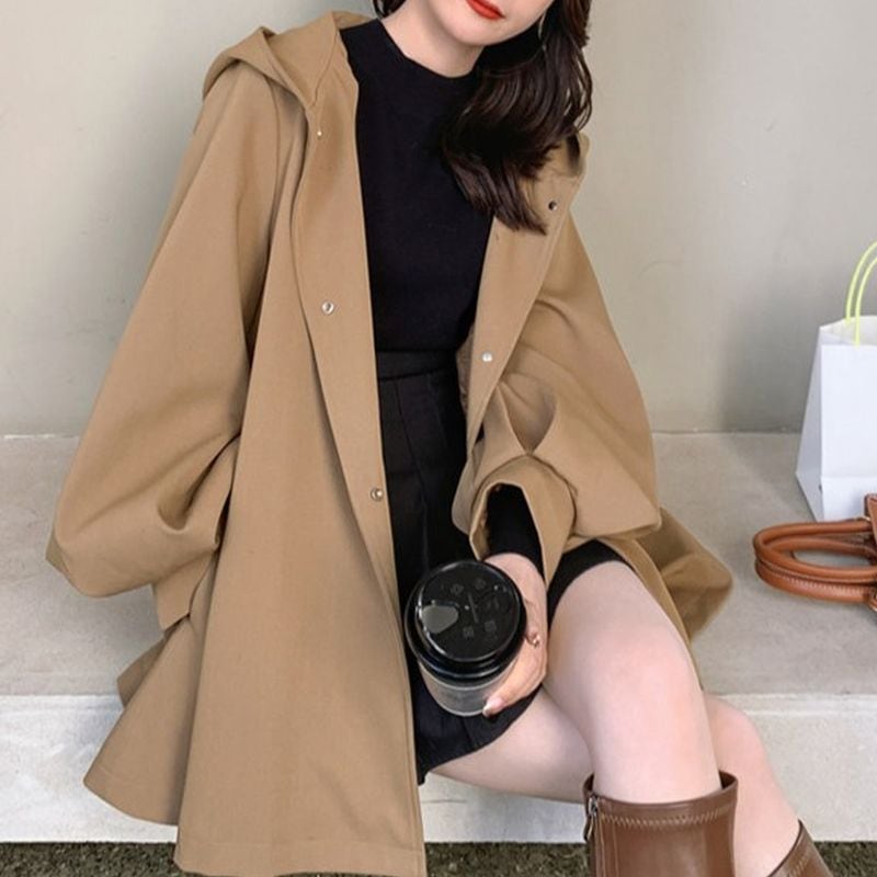 フード&ベルト付きオーバーサイズパフスリーブトレンチコート L1147