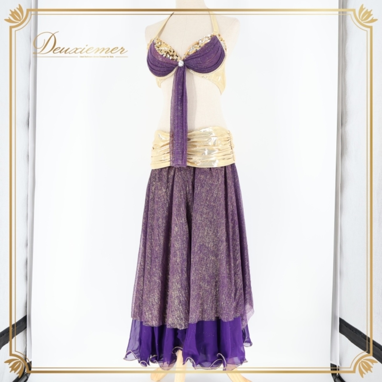 ベリーダンス オリエンタル 衣装 上下セット パープル系 トップス スカート 紫 金 スパンコール ラメ キラキラ 華やか ラインストーン 透け感 イベント ステージ ダンス衣装 ゴールド系