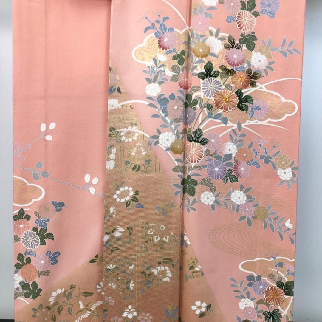 訪問着 流水に花模様 金彩 金駒刺繍 東雲色 しつけ糸 K-5410