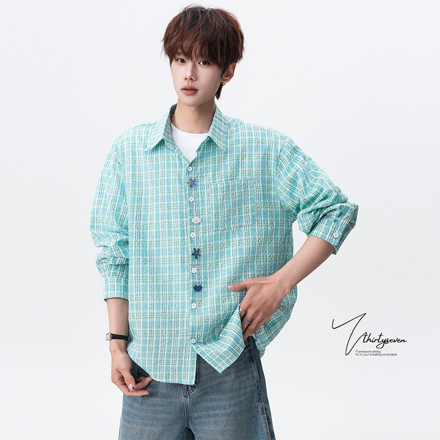 ♥ボタンも主役チェックシャツ！【WSシリーズ】★シャツ★ 3color トップス ユニセックス メンズ 大きいサイズ