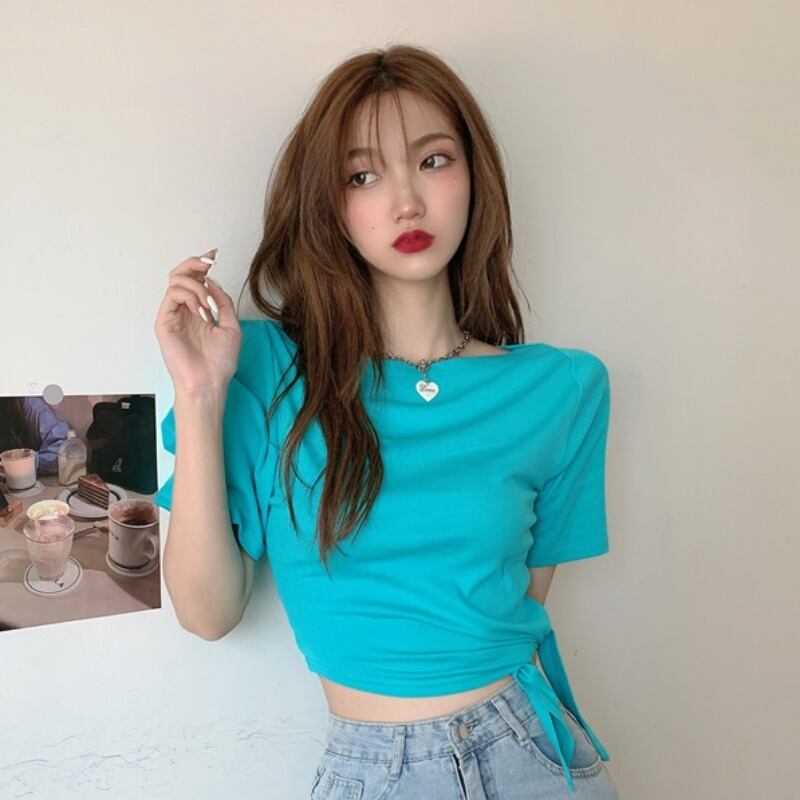 サイドリボンブラウス スリーブショートTシャツ ランタンスリーブ ハンチェンe47423947313