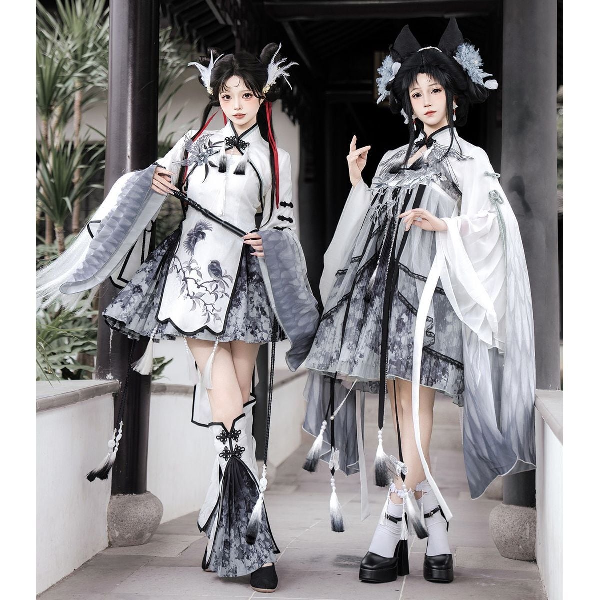 白磁に舞う墨花・振袖チャイナセットアップ：Ver.A | Maiden's Rêve