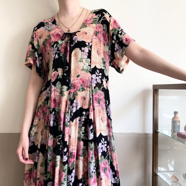 Black Botanical Rayon Dress