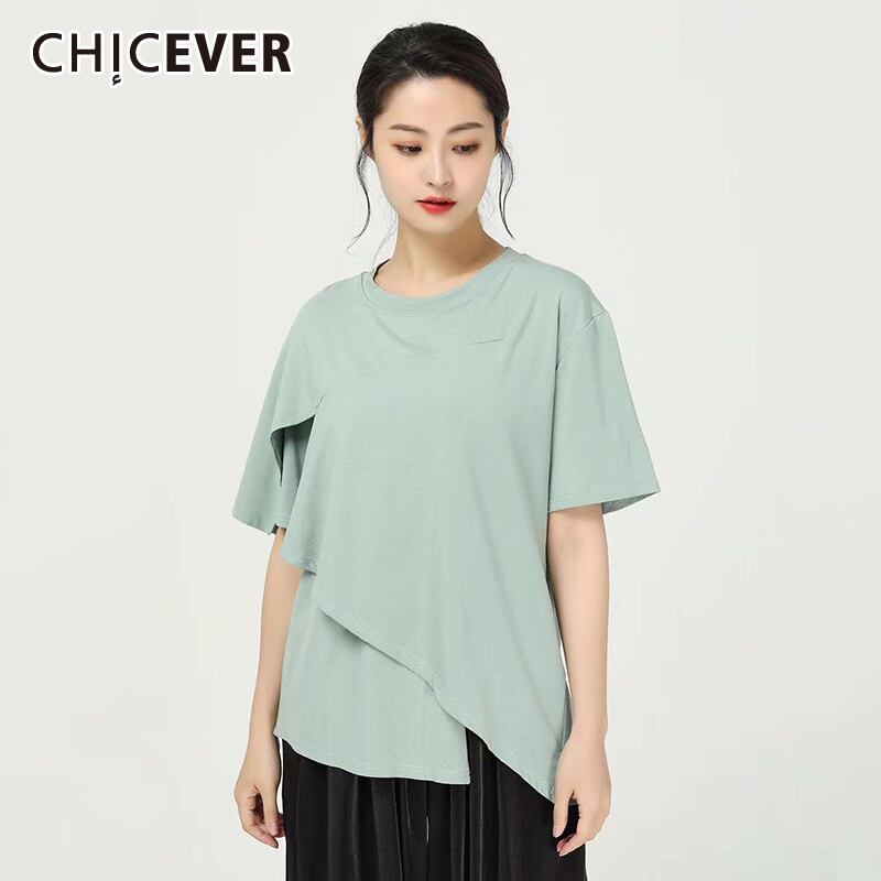 CHICEVERアシンメトリーパッチワークレディースTシャツOネック半袖フリーサイズルーズシャツ2020夏 ショート ハーフスリーブ サマー 夏物 6base522196316917
