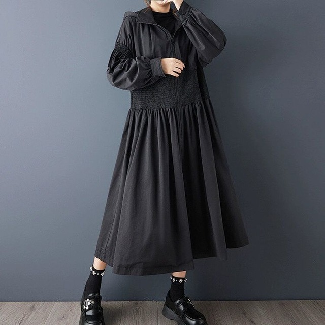 BLACK HOODED A-LINE MIDI FULLZIP DESIGN COAT 1color M-14917