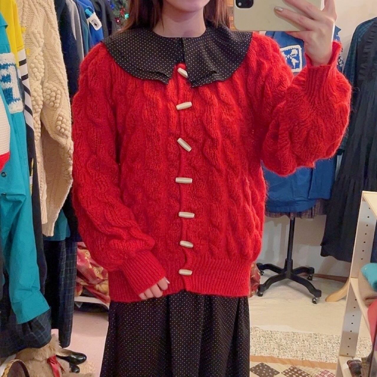 toggle button red cable knit cardigan