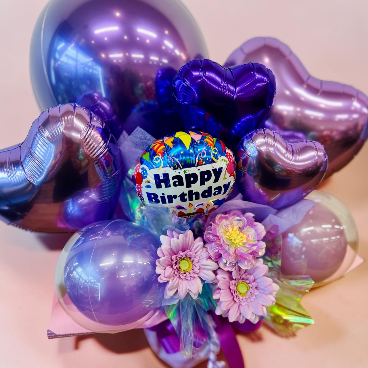 【メッセージ変更OK】フラワー＆バルーンアレンジ パープル｜誕生日・発表会・推し活・記念日【名入れ対応】