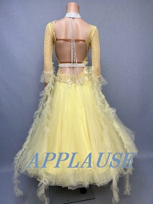 社交ダンス ドレス　スタンダード　モダンドレス　クリームイエロー　M　ST-22-28 　デモ・競技用ドレス　発表会衣装　パーティドレス　ワンピース　舞台衣装