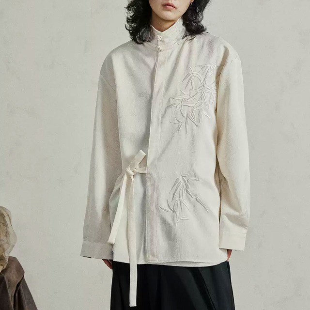 ベルト付きリネンシャツスタンドカラー 長袖 植物刺繍 2color MOJ0088