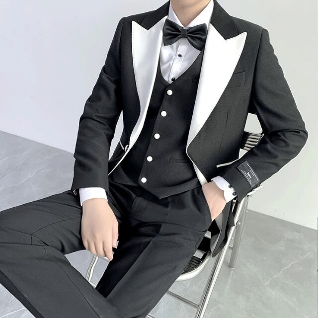 【予約販売】メンズ セットアップ 3点セット 3ピーススーツ バイカラー 襟 シングル シック スリム 男前 ブラック 黒 シングル フォーマル ウエディング ジャケット パンツ セット クラシック レトロ パーティ 二次会 同窓会 結婚式 韓国 トレンド 大きいサイズ M/L/XL/2XL/3XL