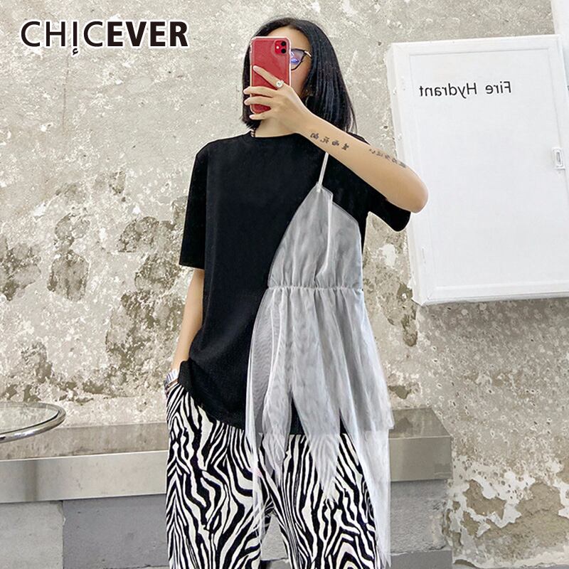 CHICEVERパッチワークイレギュラーメッシュレディースTシャツOネック半袖サマーシャツs洋服2020 ショート ハーフスリーブ 夏物 6base522787661150