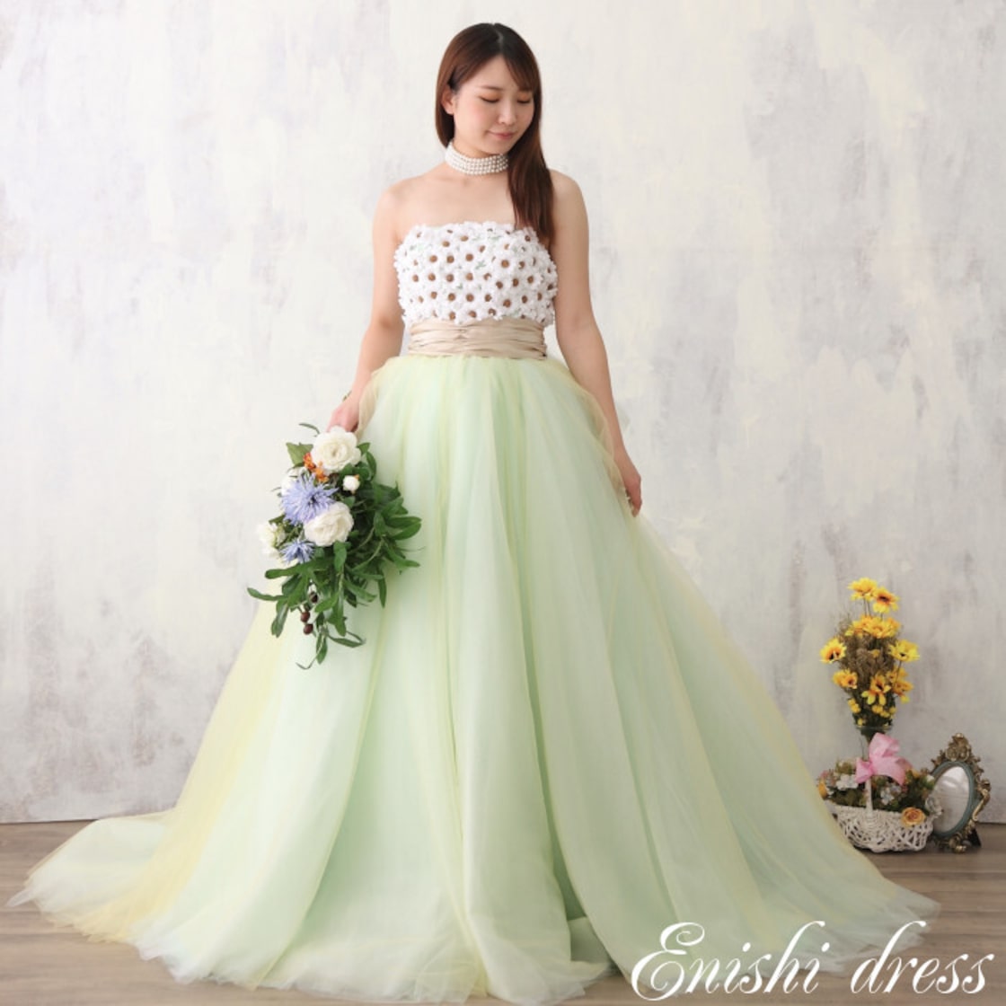 ウェディングドレス ミントグリーン カラードレス 造花 プリンセス  