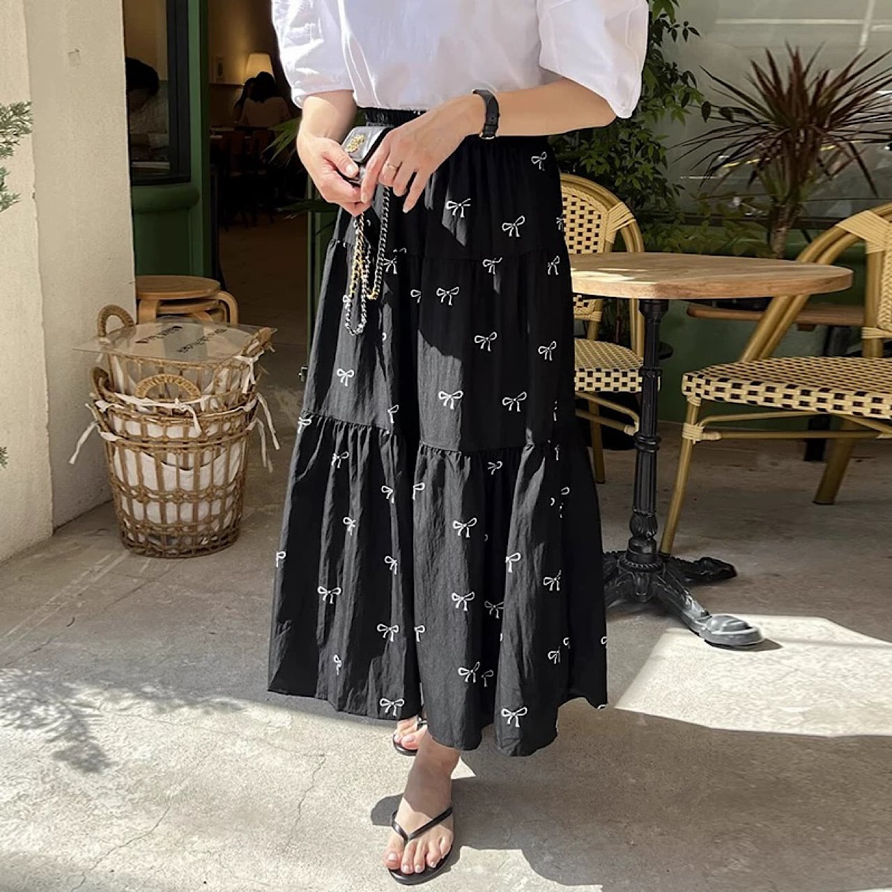 【ワンサイズ】ティアードりぼん柄スカート