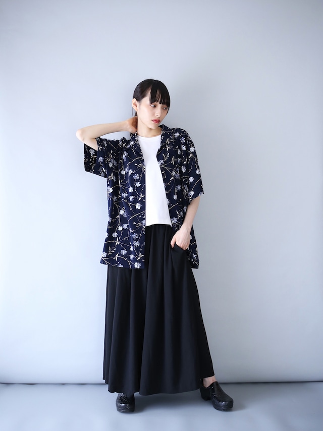 "花柄" navy base beautiful blue flower open collar h/s shirt