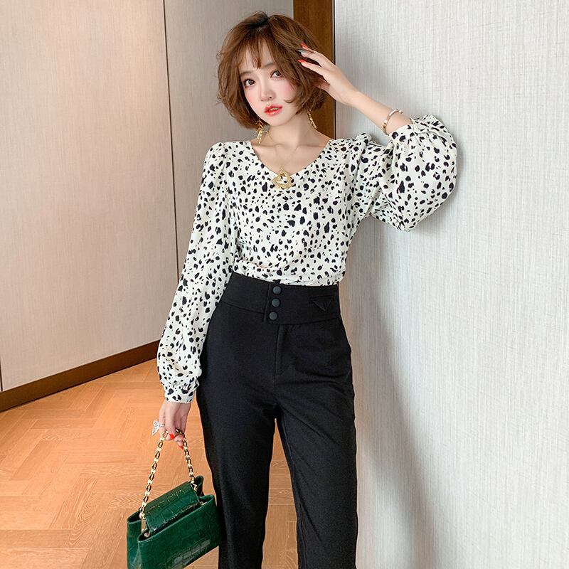 ラウンドネックバックレオパードプリント柄トップス オータム ランタンスリーブ 秋物 Oネック MIUCO64044734005