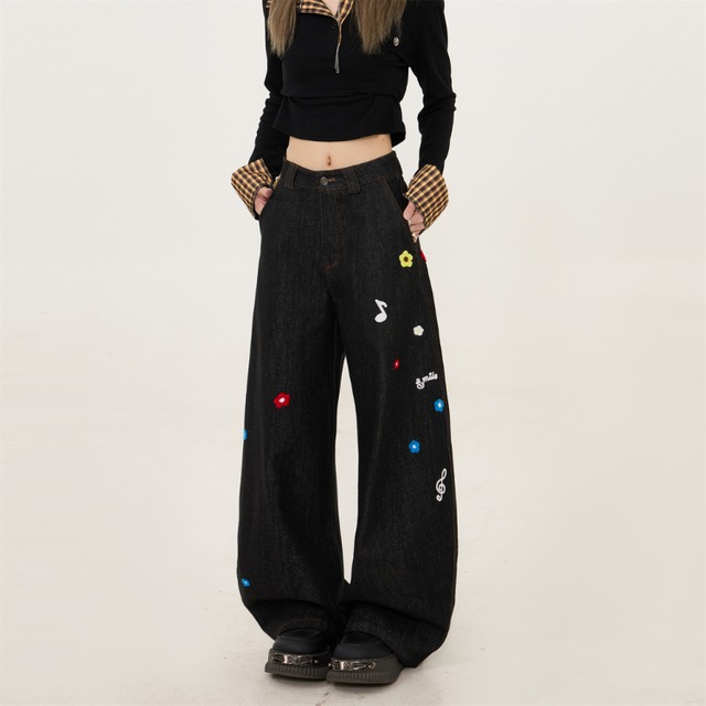 花柄 ワイドレッグ フルレングス デニムパンツ L00248