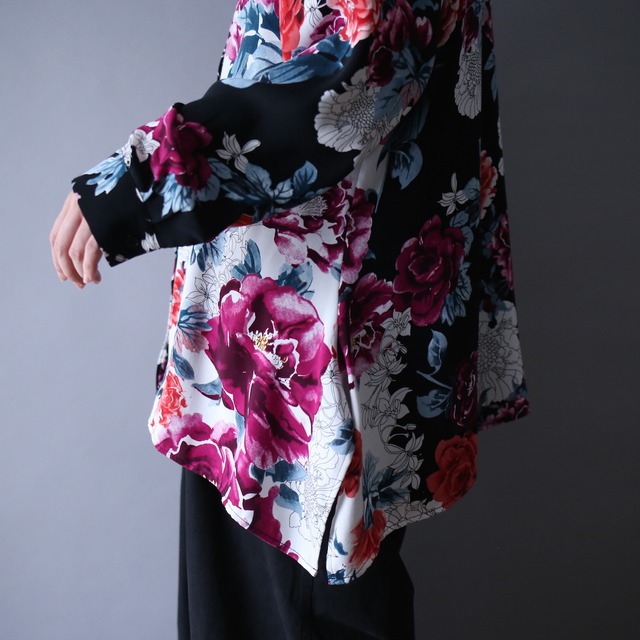 "CHICO'S" black×white switching beautiful flower pattern over silhouette shirt