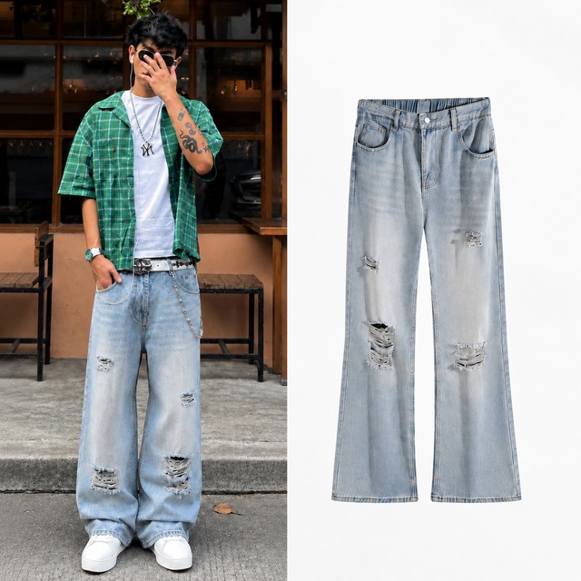ユニセックス ワイドデニムパンツ ダメージ加工 ウォッシュデニム ルーズシルエット ワイドパンツ メンズ レディース 韓国ファッション Y2K ストリート系ファッション TBN-1073997980419