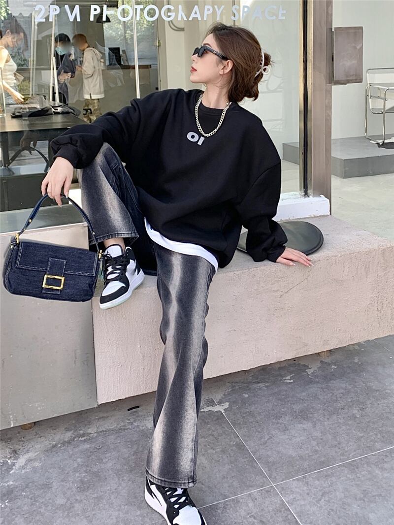 スウェットシャツレディースイントレンディブラックミドル丈ルーズスタイルジャケット2020秋冬新作レイジーウィンドオールマッチトップ ブラックストロベリース31801586356