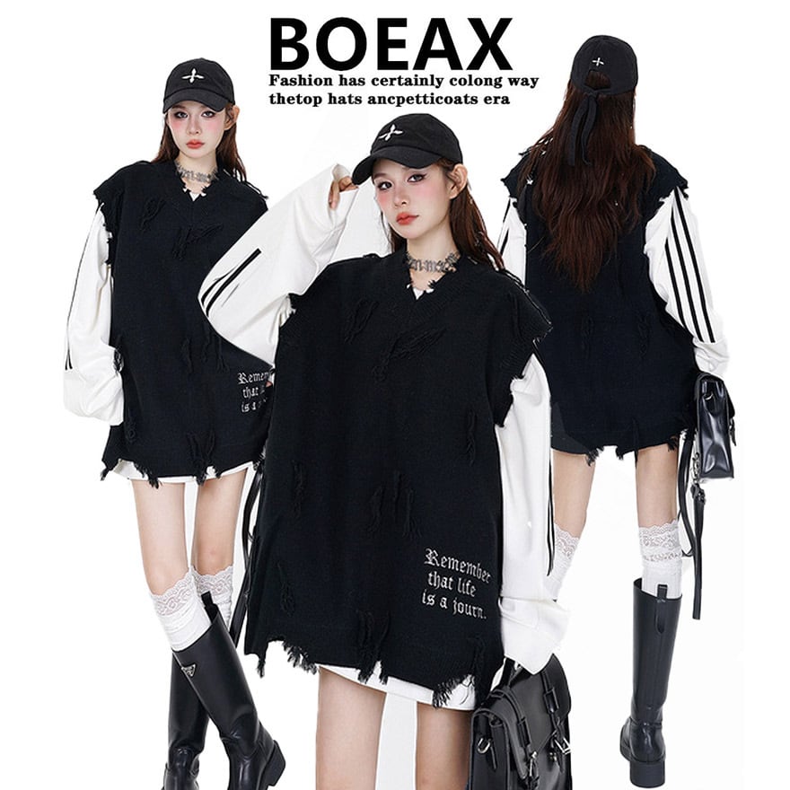 サブカル 服 地雷系 通販 ベスト 羽織り 重ね着 タッセル ダメージ加工 カレッジスタイル 闇かわいい