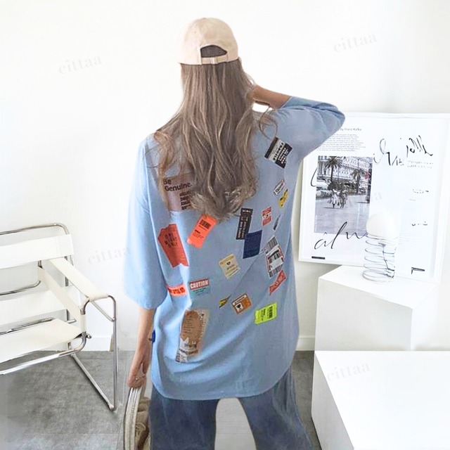 【即納】Y-4632　2026春夏新作♡Genuineランダムラベルデザイン半袖Tシャツ　水色　0708.0628.0614(Y-4875)
