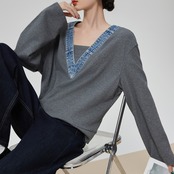 Vネックデニム切替スウェット H0027