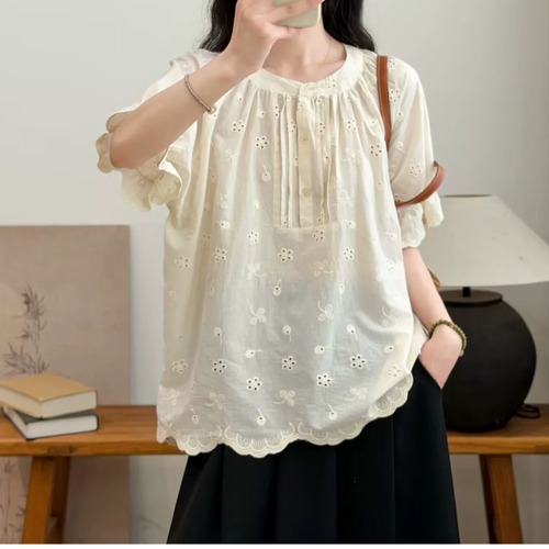 4色/アイレット刺繍ピンタックブラウス ・11927