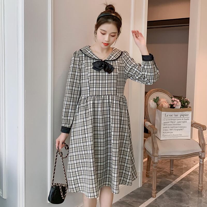 【新作】【送料無料】 5829＃2021春のマタニティドレスシックなスリムウエストゆったりとした服妊娠中の女性格子縞の妊娠中のドレス スプリング 春物 AL expec486867111055