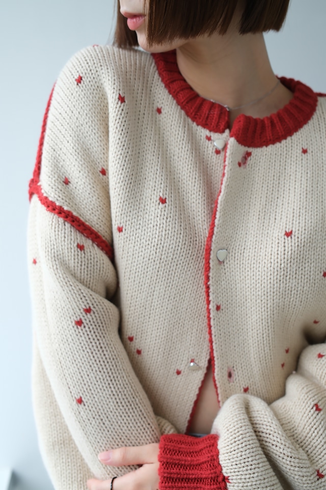 WILLFULLY  Heart Dot Jacquard Reversible Cropped Knit Cardigan ハートドットジャガードリバーシブルクロップドニットカーディガン　RedxTan