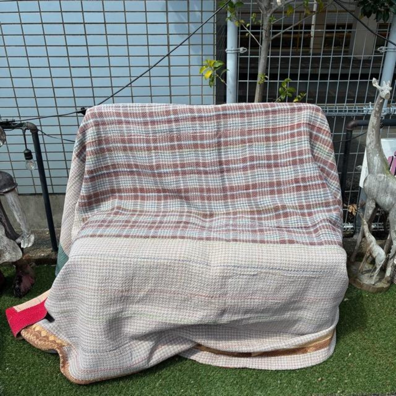インド　ヴィンテージラリーキルト　28000-14　160×230cm　カンタ　ベッドカバー　ソファカバー　マルチカバー　ハンドメイド　１点もの　ブルー　グリーン