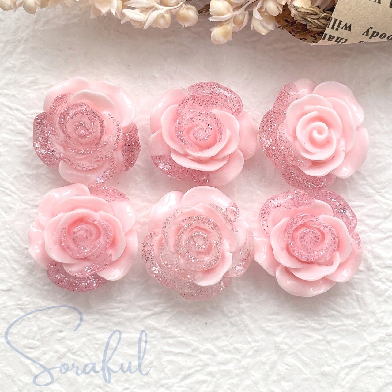 6個】ラメの薔薇カボション バラ ローズ 19mm【デコパーツ】D-0142