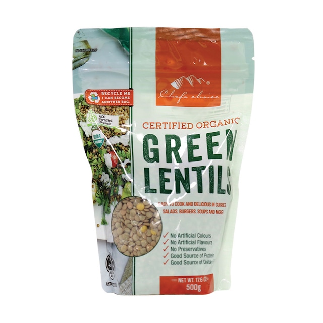 シェフズチョイス オーガニック 緑レンズ豆 グリーンレンティル 500g Organic Green Lentils