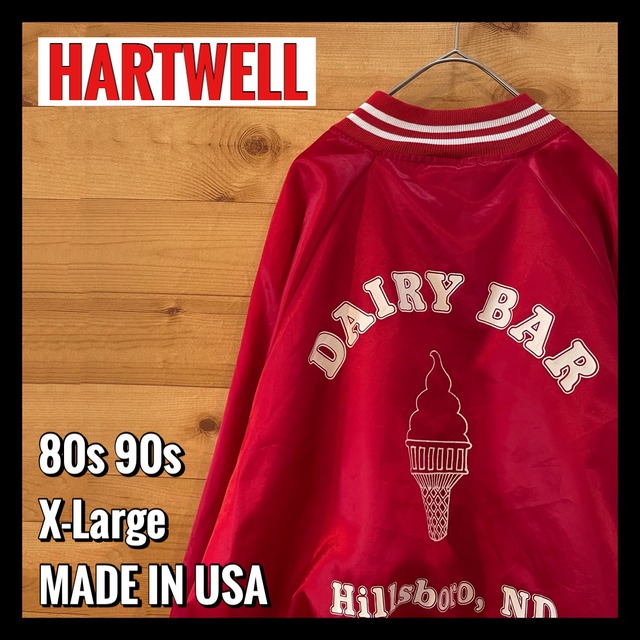 【HARTWELL】80s 90s USA製 ナイロンスタジャン アイスクリーム店 バックプリント アーチロゴ XL US古着