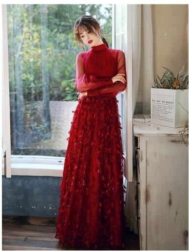 美品！ イブニングドレス ワインレッド シースルー袖 エンパイア