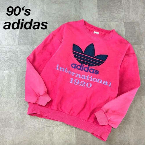 90’s adidas デサント製 ビッグ肉厚刺繍 スウェット ピンク